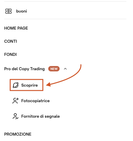 Menù Copy Trading su Ultima