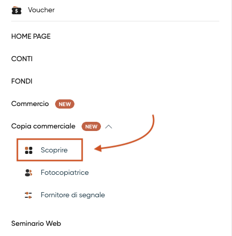 Menù Copia commerciale su Vantage