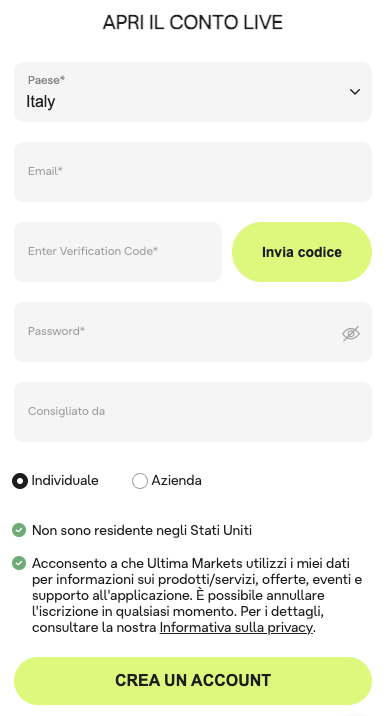 Modulo di registrazione di Ultima Markets