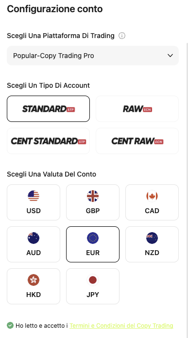 Selezione del conto Copy Trading su Ultima