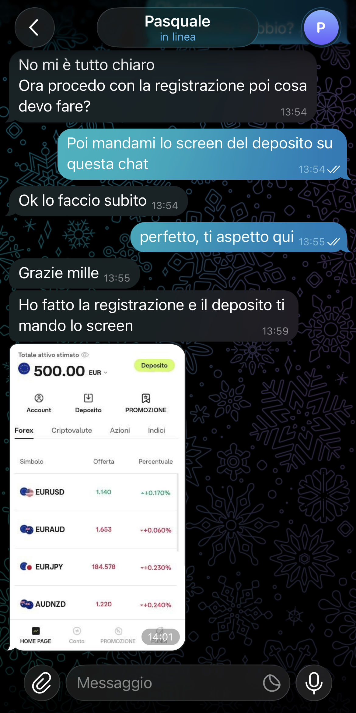 Conferma del deposito da inviare in chat