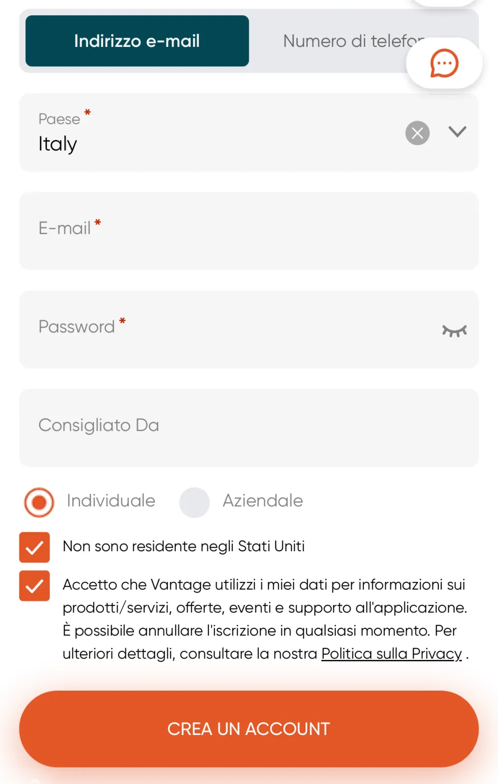 Modulo di registrazione di Vantage