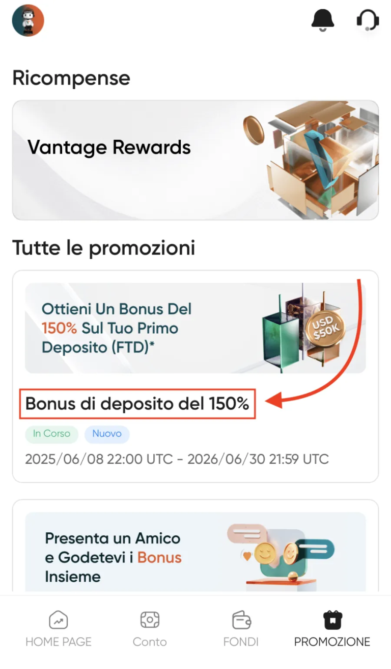 Sezione Promozione e bonus deposito su Vantage