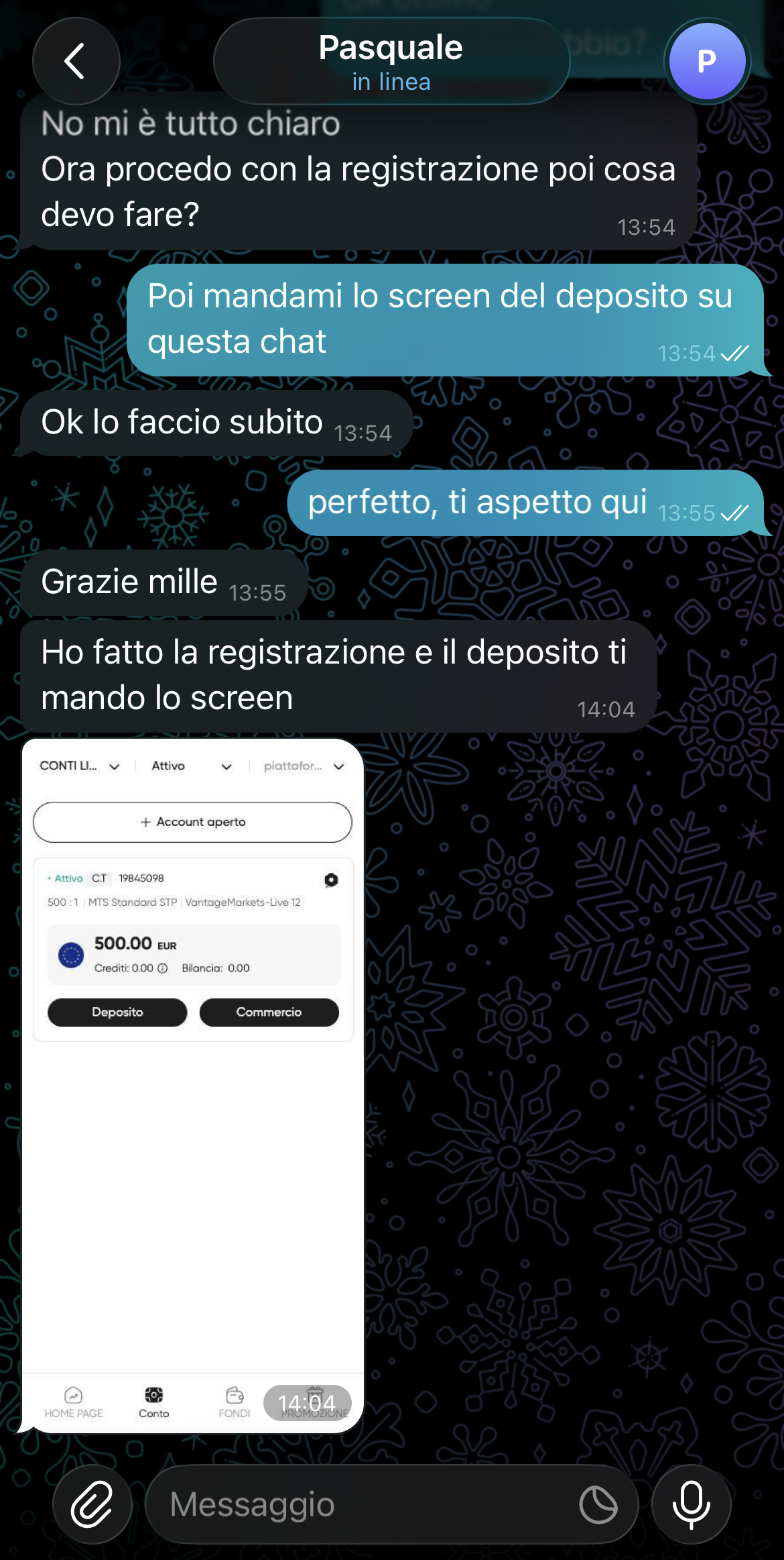 Conferma del deposito da inviare in chat